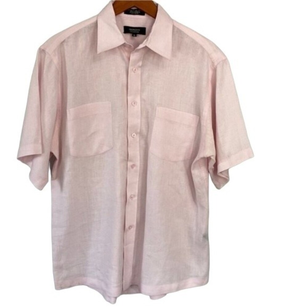 Giorginni Collezione Textured Cotton Short Sleeve Pink  Button Down Shirt Pocket